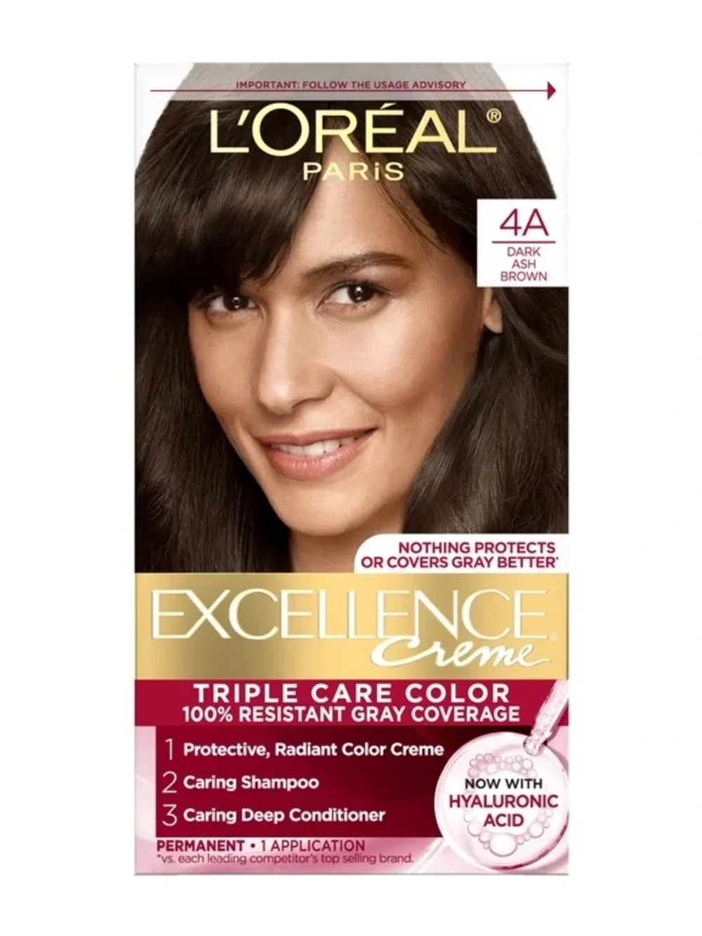 L'Oreal Paris Excellence Creme Triple Care Hair Color, 4A Dark Ash Brown, 1 Kit